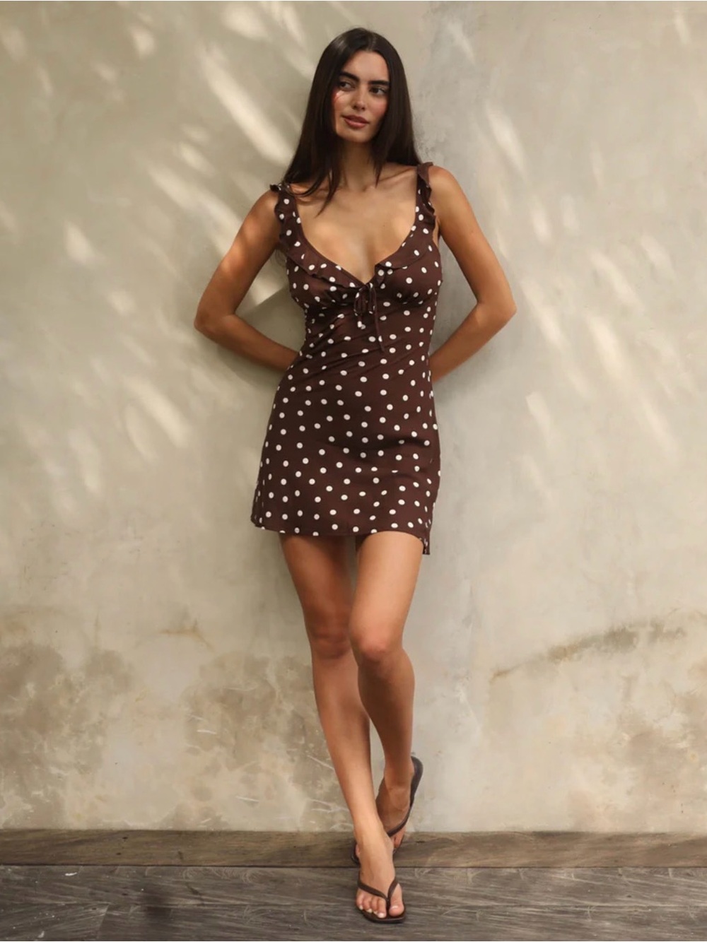 Brown Polka Dot Tie-Front Mini Dress